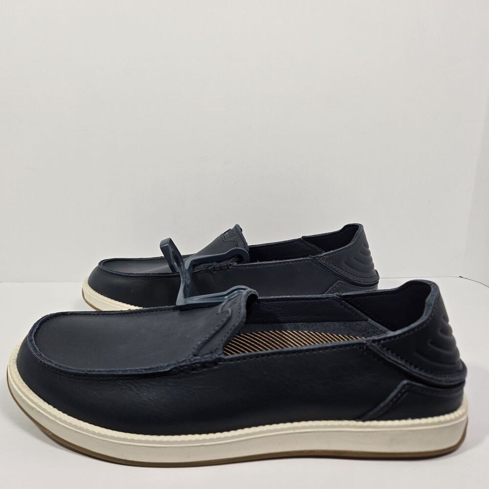 OluKai Kakaha Nia Mens 10 Mood Indigo Blue Leather Slip On Shoes Loafers